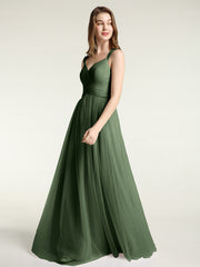 CROISÉ-Plissée Tulle Robes Longues Avec Bretelles Perlées Olive Verte