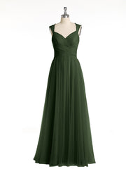 CROISÉ-Plissée Tulle Robes Longues Avec Bretelles Perlées Olive Verte