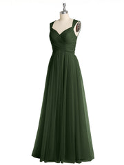 CROISÉ-Plissée Tulle Robes Longues Avec Bretelles Perlées Olive Verte