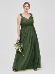 CROISÉ-Plissée Tulle Robes Longues Avec Bretelles Perlées Olive Verte