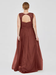 CROISÉ-Plissée Tulle Robes Longues Avec Bretelles Perlées terracotta