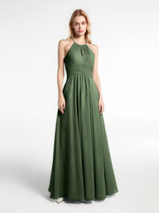 Robe Licou en Mousseline à Encolure en Trou de Serrure avec Poches Olive Verte Grande Taille