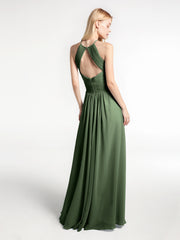 Robe Licou en Mousseline à Encolure en Trou de Serrure avec Poches Olive Verte