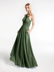Robe Licou en Mousseline à Encolure en Trou de Serrure avec Poches Olive Verte