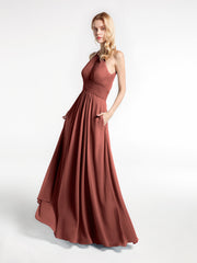 Robe Licou en Mousseline à Encolure en Trou de Serrure avec Poches terracotta Grande Taille