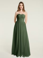 Sans Bretelles Col En Cœur Longue Tulle Robes De Demoiselle d'Honneur Olive Verte