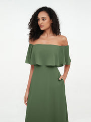 Jupe Etagée en Mousseline Robes Longues à Epaules Dénudées Olive Verte
