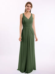 Col En V Mousseline Robe De Demoiselle d'Honneur Avec Dos Nu Olive Verte
