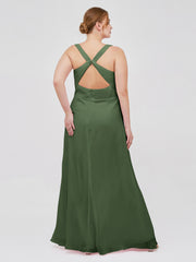 Col En V Mousseline Robe De Demoiselle d'Honneur Avec Dos Nu Olive Verte Grande Taille