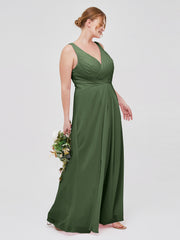 Col En V Mousseline Robe De Demoiselle d'Honneur Avec Dos Nu Olive Verte