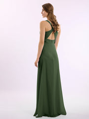 Col En V Mousseline Robe De Demoiselle d'Honneur Avec Dos Nu Olive Verte