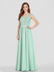 Robe Longue Epaule Bretelle Dentelle et Mousseline Vert Menthe