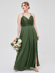 Dentelle Corsage Mousseline Jupe Robes Avec Fente Olive Verte Grande Taille