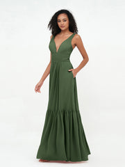 Robes Boho en Mousseline à Col en V Profond avec Jupe à Plusieurs Niveaux Olive Verte Grande Taille