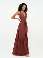Robes Boho en Mousseline à Col en V Profond avec Jupe à Plusieurs Niveaux terracotta