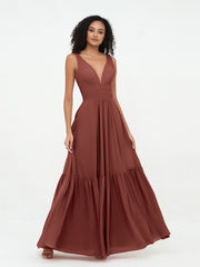 Robes Boho en Mousseline à Col en V Profond avec Jupe à Plusieurs Niveaux terracotta