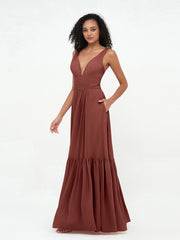 Robes Boho en Mousseline à Col en V Profond avec Jupe à Plusieurs Niveaux terracotta