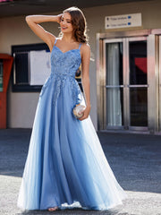 Robe en Tulle Appliquée à Bretelles Spaghetti et Col en V Bleu Poudré