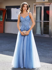 Robe en Tulle Appliquée à Bretelles Spaghetti et Col en V Bleu Poudré