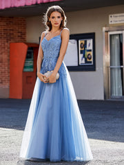 Robe en Tulle Appliquée à Bretelles Spaghetti et Col en V Bleu Poudré