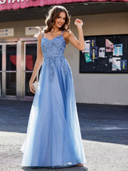 Robe en Tulle Appliquée à Bretelles Spaghetti et Col en V Bleu Poudré Grande Taille