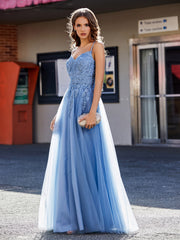 Robe en Tulle Appliquée à Bretelles Spaghetti et Col en V Bleu Poudré