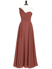 Une Epaule Mousseline Longue Robe Demoiselle d'honneur terracotta