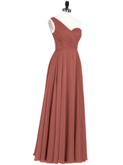 Une Epaule Mousseline Longue Robe Demoiselle d'honneur terracotta