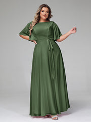 Robes Longues en Mousseline à Manches Flottantes avec Nœud à Ceinture Olive Verte Grande Taille