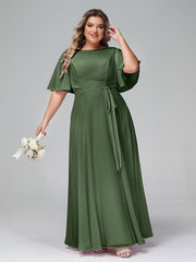 Robes Longues en Mousseline à Manches Flottantes avec Nœud à Ceinture Olive Verte Grande Taille