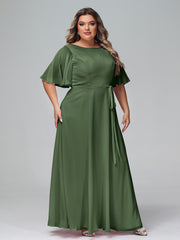 Robes Longues en Mousseline à Manches Flottantes avec Nœud à Ceinture Olive Verte Grande Taille