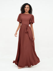 Robes Longues en Mousseline à Manches Flottantes avec Nœud à Ceinture terracotta