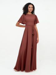 Robes Longues en Mousseline à Manches Flottantes avec Nœud à Ceinture terracotta