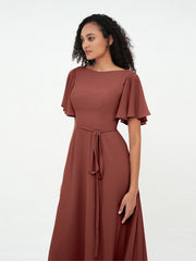 Robes Longues en Mousseline à Manches Flottantes avec Nœud à Ceinture terracotta