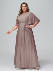 Robes Longues en Mousseline à Manches Flottantes avec Nœud à Ceinture Dusk Grande Taille