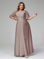 Robes Longues en Mousseline à Manches Flottantes avec Nœud à Ceinture Dusk Grande Taille