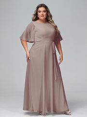 Robes Longues en Mousseline à Manches Flottantes avec Nœud à Ceinture Dusk Grande Taille