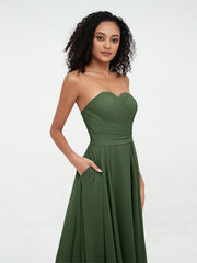 Robes Longues en Mousseline à Col en Cœur sans Bretelles Olive Verte