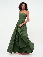 Robes Longues en Mousseline à Col en Cœur sans Bretelles Olive Verte