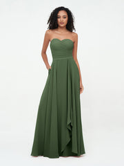 Robes Longues en Mousseline à Col en Cœur sans Bretelles Olive Verte