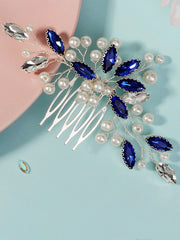 Peigne Perles et Strass Bleus Élégant 3 Pcs
