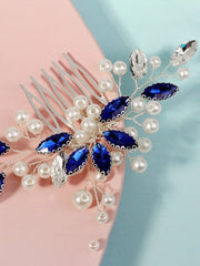 Peigne Perles et Strass Bleus Élégant 3 Pcs