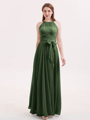 Licou Mousseline Robe Demoiselle d'honneures avec Ceinture Nœud Olive Verte