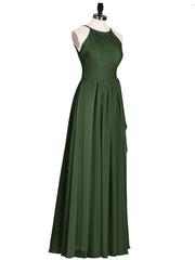Licou Mousseline Robe Demoiselle d'honneures avec Ceinture Nœud Olive Verte