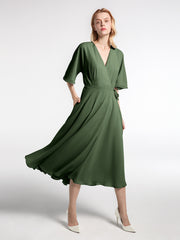 Robe en Mousseline à Col en V avec Demi-Manches Longueur de Mollet Olive Verte Grande Taille