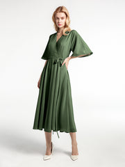 Robe en Mousseline à Col en V avec Demi-Manches Longueur de Mollet Olive Verte