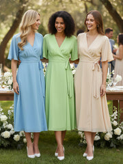 Robe en Mousseline à Col en V avec Demi-Manches Longueur de Mollet Sauge Grande Taille