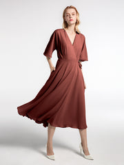 Robe en Mousseline à Col en V avec Demi-Manches Longueur de Mollet terracotta