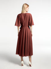 Robe en Mousseline à Col en V avec Demi-Manches Longueur de Mollet terracotta