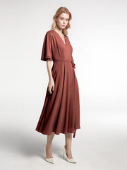 Robe en Mousseline à Col en V avec Demi-Manches Longueur de Mollet terracotta
